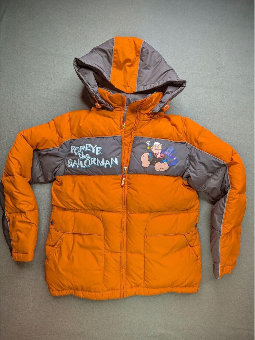 VTG Popeye Puffer Jacket Kids 7-8 Orange Gray Hooded Vintage Cartoon Winter Logo